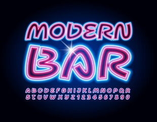 Vector electric emblem Modern Bar.  Bright Neon Font. Creative Glowing Alphabet Letters and Numbers