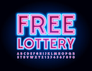 Vector business promo Free Lottery. Neon electric Font. Bright Illuminated Alphabet Letters and Numbers