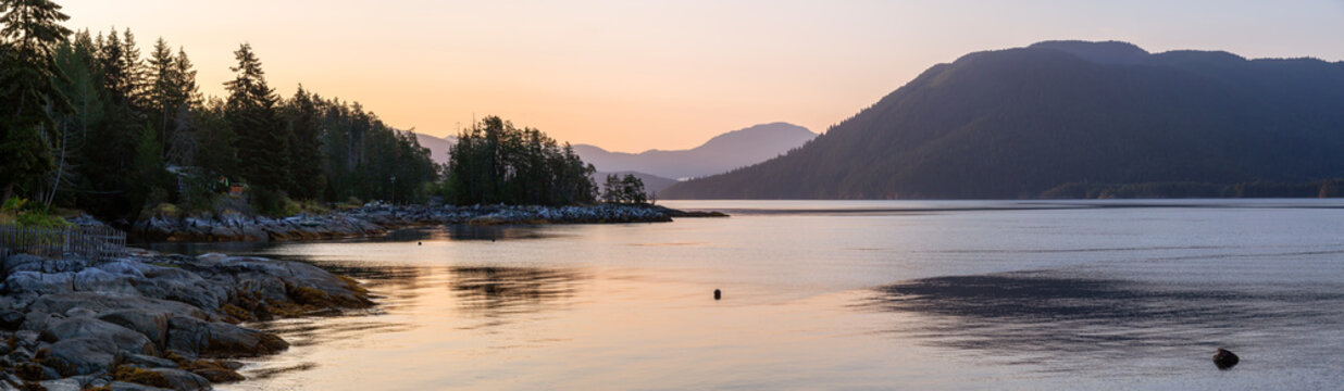 Panoramic View of Mermaid Cove during a colorful summer sunrise. Taken in Saltery Bay, Sunshine Coast, British Columbia, Canada.