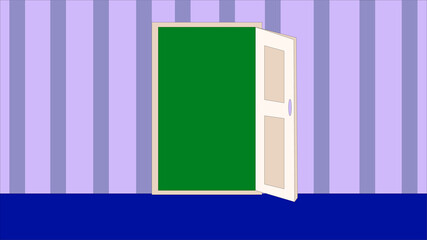 Opened door with green screen inside. Cartoon door, entrance to the room indoors. Cute interior with blue striped walls. Cartoon 2d interior, location