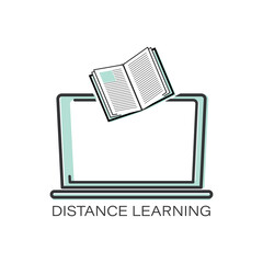 Book. Laptop. Distance education. Vector line icon. Education, academic degree. Outline symbol