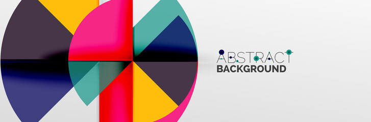 Bright color circles, abstract round shapes and triangles composition with shadow effects. Vector modern geometric design template