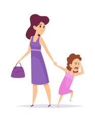 Bad behavior. Little girl crying, isolated mother and daughter. Cartoon puzzled woman and child. Sad female vector illustration. Behavior girl unhappy, conflict mother and daughter
