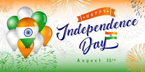 Happy Independence Day in India creative congrats. Isolated abstract graphic design template. Saffron, green, white and blue colors. Calligraphic lettering. Decorative calligraphy. Holiday background. © koltukovs