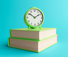 Clock with books in minimal style. Isolated. 3d rendering.