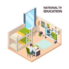 Online lesson at home. Kids student study at home sitting table and watching in computer vector isometric interior. Illustration e-learning education, lesson online