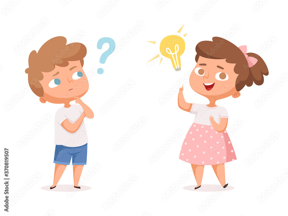 Wall mural Kids good idea. Thinking people with question marks and happy mind lamp vector characters. Illustration person with idea, character education and study