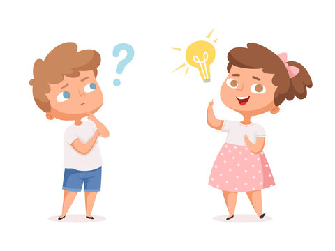 Kids good idea. Thinking people with question marks and happy mind lamp vector characters. Illustration person with idea, character education and study