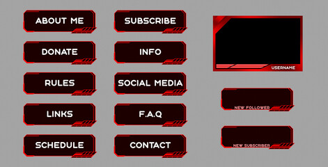 Twitch set of modern red gaming panels and overlays for live streamers. Design alerts and buttons for streaming. 16:9 and 4:3 screen resolution. Stream panels. Twitch overlays  design template