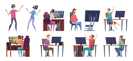 Cybersport players. Gamers playing in video games on pc in streaming studio vector cybersport characters. Online gamer, game pc, cybersport computer illustration