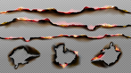 Burnt paper edges with fire and black ash. Vector realistic set of borders and frames from scorched and smoldering paper sheets white torn edges and holes isolated on transparent background © klyaksun