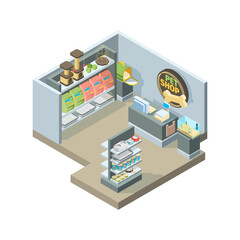 Pets shop interior. Isometric shopping house for domestic pets animals different products on store shelves vector building. Pet store and shop for domestic animal illustration