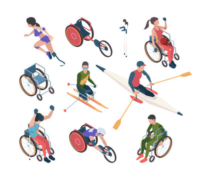 Paralympic games. Athletic disability persons in olympic sport celebration vector isometric characters. Sport in wheelchair, competition for disabled and paralympic illustration