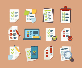 Checklist collection. Business text lists with clip marks icons schedule vector pictures in flat style. Checklist and checkbox, checkmark, mark positive illustration