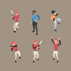 Baseball players. Sport people running bases pitcher baseball vector characters isometric in action poses. Illustration player baseball, pitcher and catcher