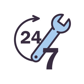 24 7 with arrow and wrench line and fill style icon vector design