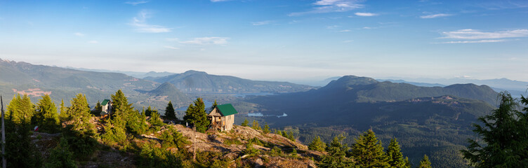 Fototapeta na wymiar Panoramic View of Tin Hat Cabin on top of a mountain during a sunny summer evening. Located near Powell River, Sunshine Coast, British Columbia, Canada.