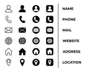 contact icon set-vector illustration in solid black color and line work for applications and other web applications