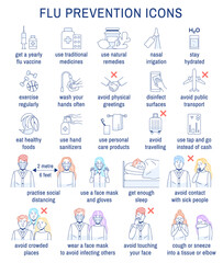 Flu treatments virus protection thin line icons set on white background. Viral infection prevention outline infographic flu shot natural remedies exercise. Influenza simple design vector illustration.
