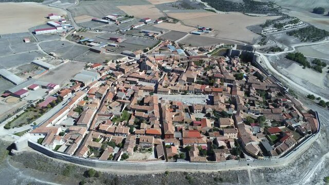 Aerial view in walled village of Urueña, Valladolid,Spain. Drone Footage