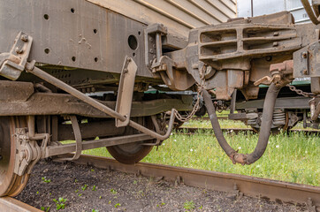 Railroad train freight wagons compound and other wagon parts.