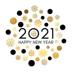 2021 Happy New Year greeting card design. Black celebration text in frame of gold circles and snowflakes. Holiday golden decoration on white background for flyer banner poster calendar. Bright vector.