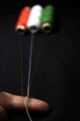 15 August India Independence Day concept, Indian flag made by tricolor yarn.Top view and black...