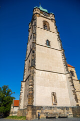 Fototapeta na wymiar Steple of gothic church of St. Peter and Paul in town Melnik, Czech republic
