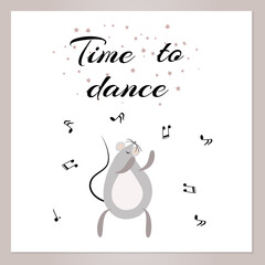 Caption time to dancewith a cute dancing mouse, vector illustration
