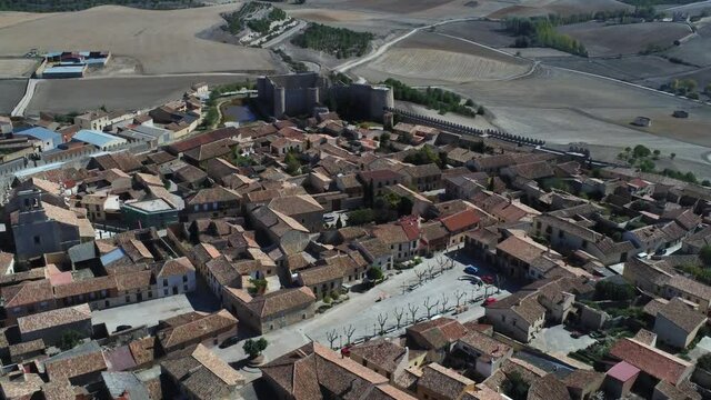 Aerial view in walled village of Urueña, Valladolid,Spain. Drone Footage