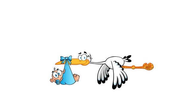Stork Delivering A Newborn Baby Boy Cartoon Characters. 4K Animation Video Motion Graphics Without Background