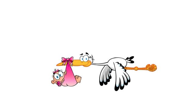 Stork Delivering A Newborn Baby Girl Cartoon Characters. 4K Animation Video Motion Graphics Without Background