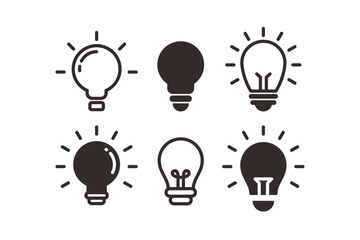 Set of Simple Flat Black Light Bulb Icon Illustration Design, Silhouette Light Bulb Icon Collection With Outlined Style Template Vector