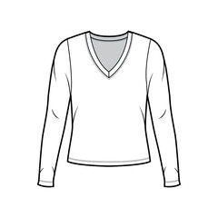 Naklejka premium Deep V-neck jersey sweater technical fashion illustration with long sleeves, oversized body. Flat shirt apparel template front, white color. Women, men, unisex outfit top CAD mockup