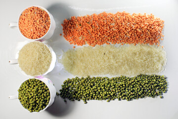 15 August India Independence Day concept, Indian flag made by grains isolated on white background. India Independence Day 15 August conceptual photography : Indian National Flag tricolor from pulse.