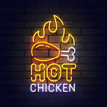 Hot Chicken neon sign, bright signboard, light banner. Chicken Grill logo neon, emblem. Vector illustration