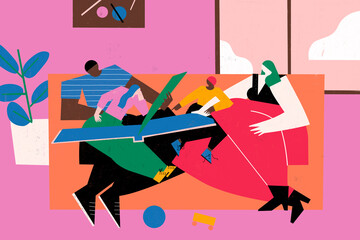 Family gathered around the sofa shares moments and book together on the living room. Stay at home and parenting concept.