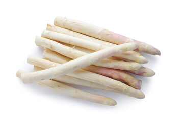 Pile of fresh raw asparagus isolated on white, top view