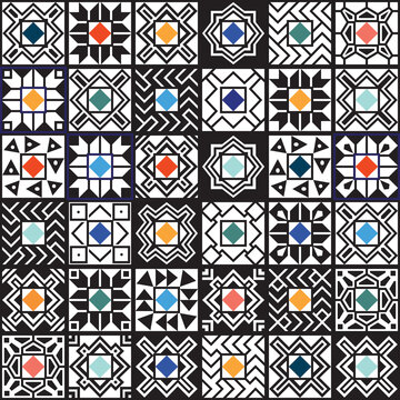 Patchwork Seamless pattern, Carpet print from Maori ethnic borders, black and white frames with pastel colored rhombus. Bandana Batik paint, shawl, rug, mat. 20 pattern brushes in the brush palette 