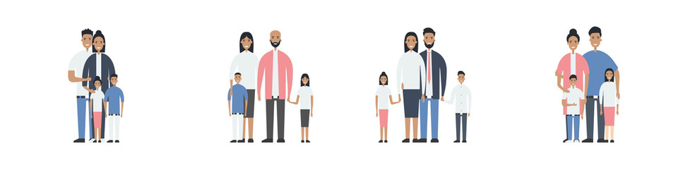 Obraz premium Traditional families set. Fathers, mothers, sons and daughters. Family health insurance concept. Flat style. Vector illustration 