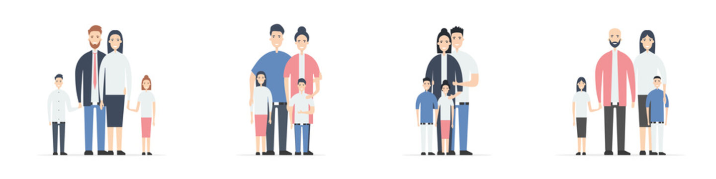 Traditional families set. Fathers, mothers, sons and daughters. Family health insurance concept. Flat style. Vector illustration
