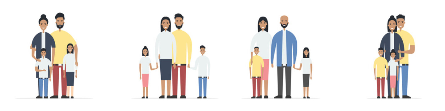 Traditional families set. Fathers, mothers, sons and daughters. Family health insurance concept. Flat style. Vector illustration

