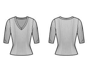 Naklejka premium Ribbed V-neck knit sweater technical fashion illustration with elbow sleeves, close-fitting shape. Flat outwear apparel template front back white color. Women, men unisex shirt top CAD mockup
