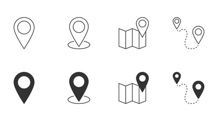 Location vector icon. Editable stroke. Geolocation map path distance. Destination delivery road home. GPS cartography travel position. Glyph and linear icons - obrazy, fototapety, plakaty