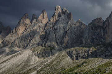 Odle mountain range before thunderstorm as seen from Brogles refuge, Puez-Odle nature park, Dolomites, South Tirol, Italy.