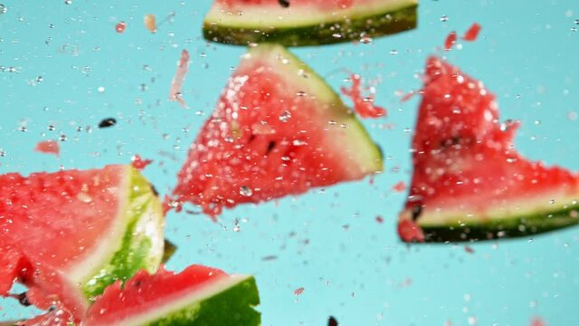 Super Slow Motion Shot of Fresh Water Melon Collision with Splashing Water. Filmed on high speed cinema camera at 1000fps.
