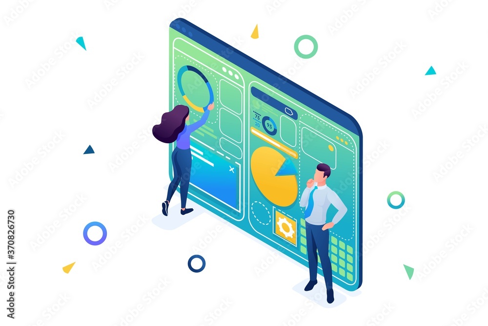 Poster young people are working on creating a dashboard with an individual menu. 3d isometric. concept for 