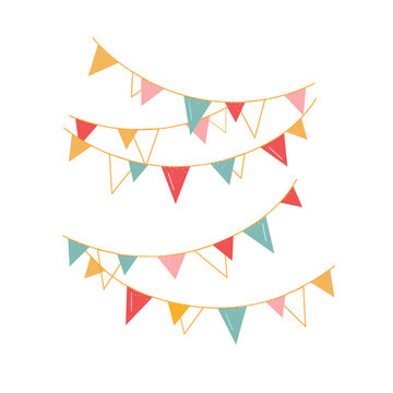festive vector garlands for a party. Multi-colored flags, decorations for decorating the room. Isolated on a chalk background: green, yellow, red, pink. © Анна Канищева