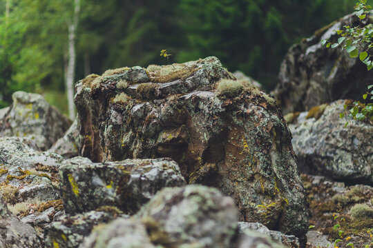 Rocks of Aigir in the smoke of a forest fire. Bashkortostan.