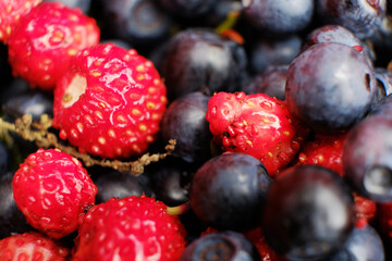 Macro shot of fresh blueberries and strawberries salad.